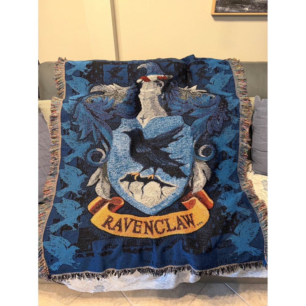 Harry Potter Ravenclaw Crest Woven Tapestry Throw Blanket Fringed Blue 48x60